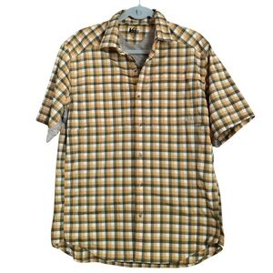 REI Mens Plaid Outdoor Mesh Camping Hiking Fishing Short Sleeve Camp Shirt Sz M